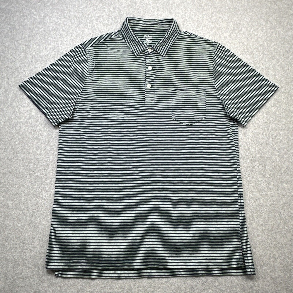 J Crew Polo Shirt Large Blue Green Stripe Slub Cotton Pocket Golf Preppy Casual